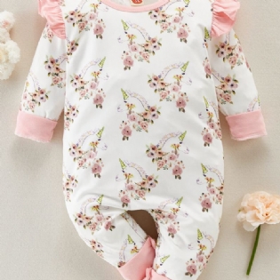 Babypige Unicorn Jumpsuit Med Blomstertrykt Flæse