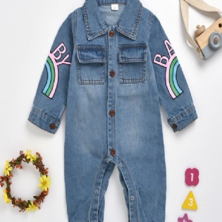 Babypiger Casual Sød Denim Romper Langærmet Lapel Jumpsuit Med Bogstavtryk Til Vinter