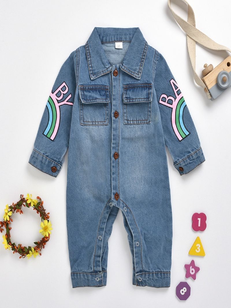 Babypiger Casual Sød Denim Romper Langærmet Lapel Jumpsuit Med Bogstavtryk Til Vinter