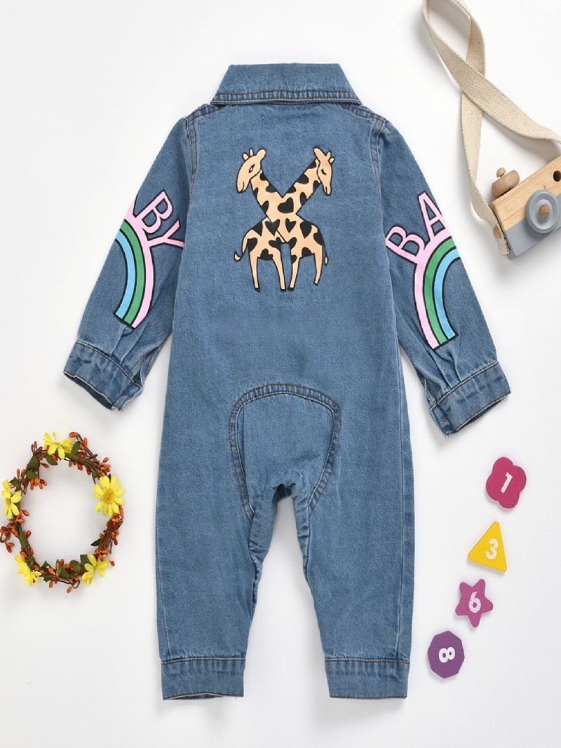 Babypiger Casual Sød Denim Romper Langærmet Lapel Jumpsuit Med Bogstavtryk Til Vinter