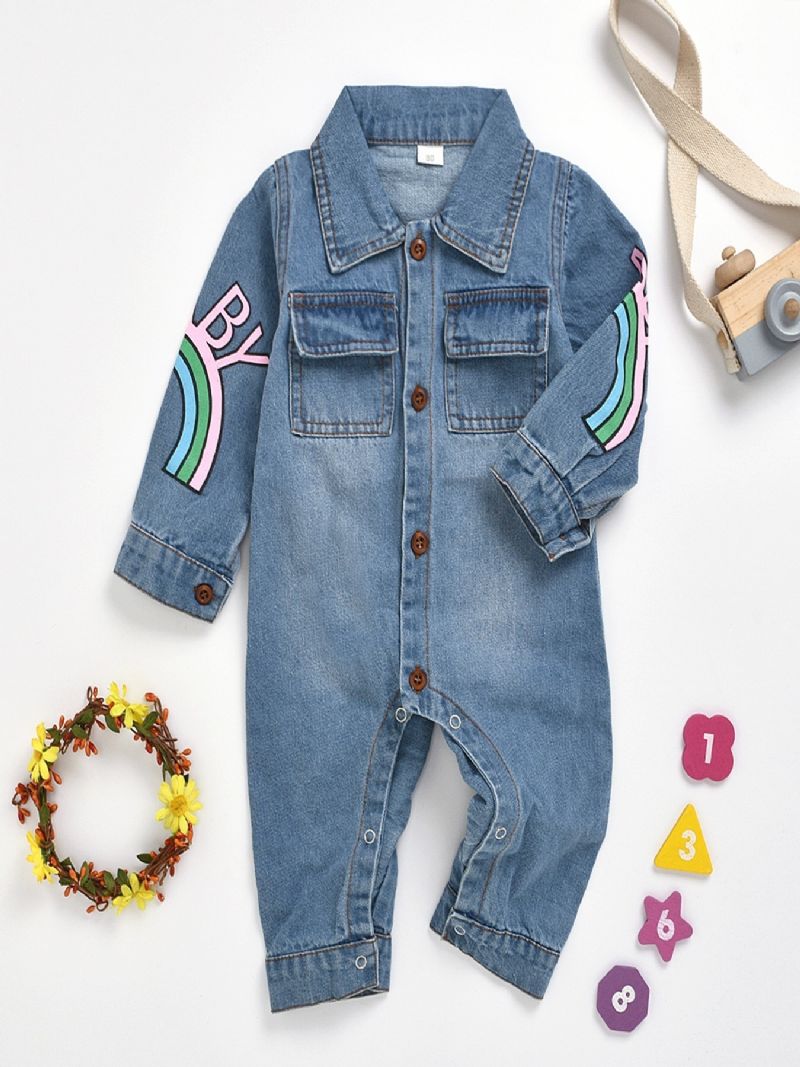 Babypiger Casual Sød Denim Romper Langærmet Lapel Jumpsuit Med Bogstavtryk Til Vinter