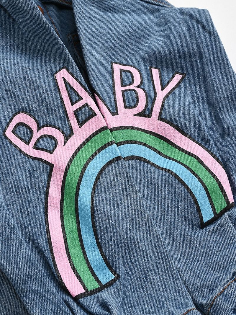 Babypiger Casual Sød Denim Romper Langærmet Lapel Jumpsuit Med Bogstavtryk Til Vinter