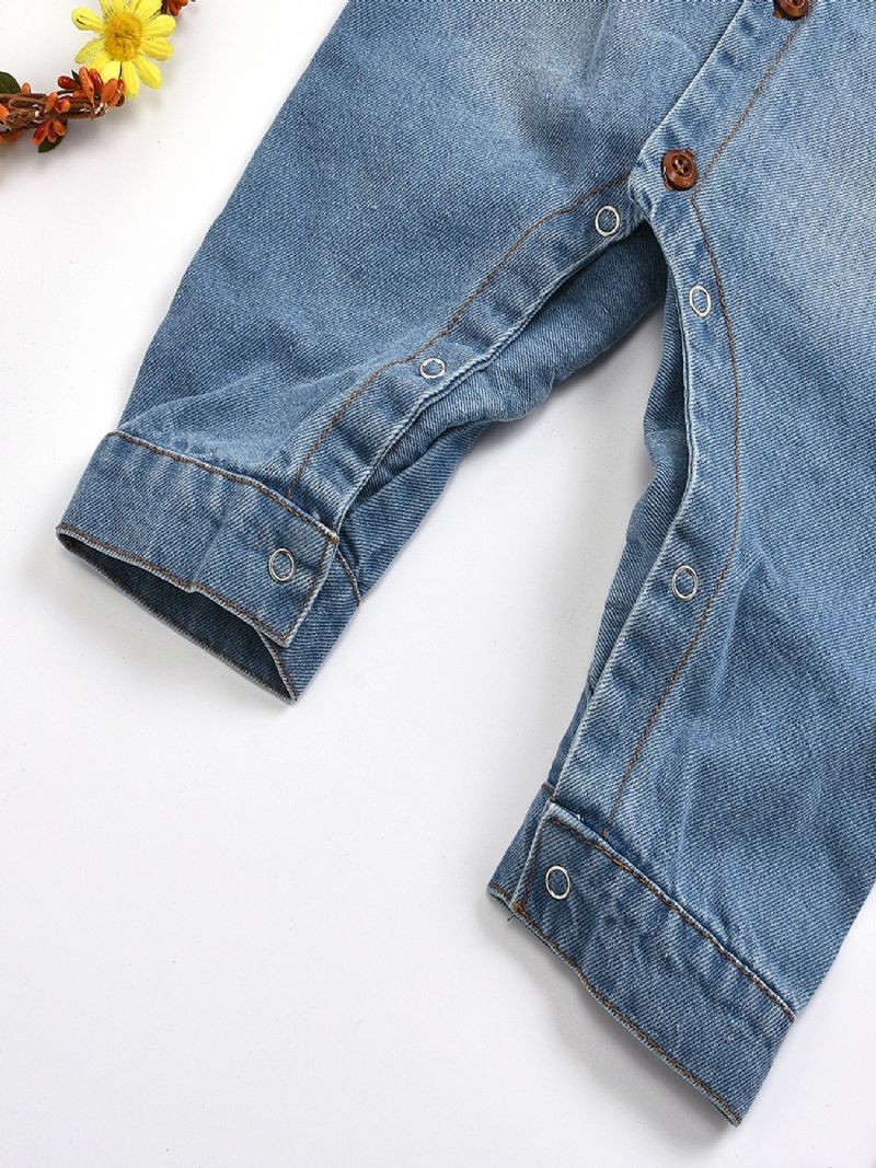 Babypiger Casual Sød Denim Romper Langærmet Lapel Jumpsuit Med Bogstavtryk Til Vinter