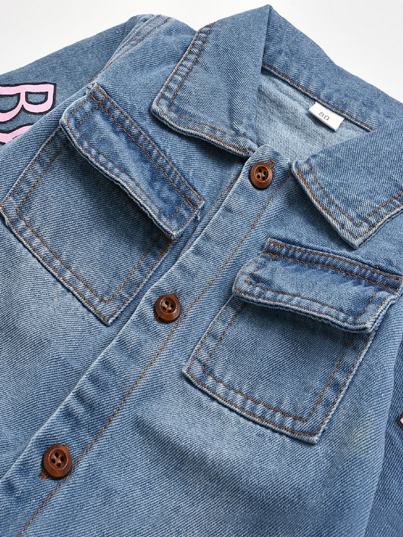 Babypiger Casual Sød Denim Romper Langærmet Lapel Jumpsuit Med Bogstavtryk Til Vinter