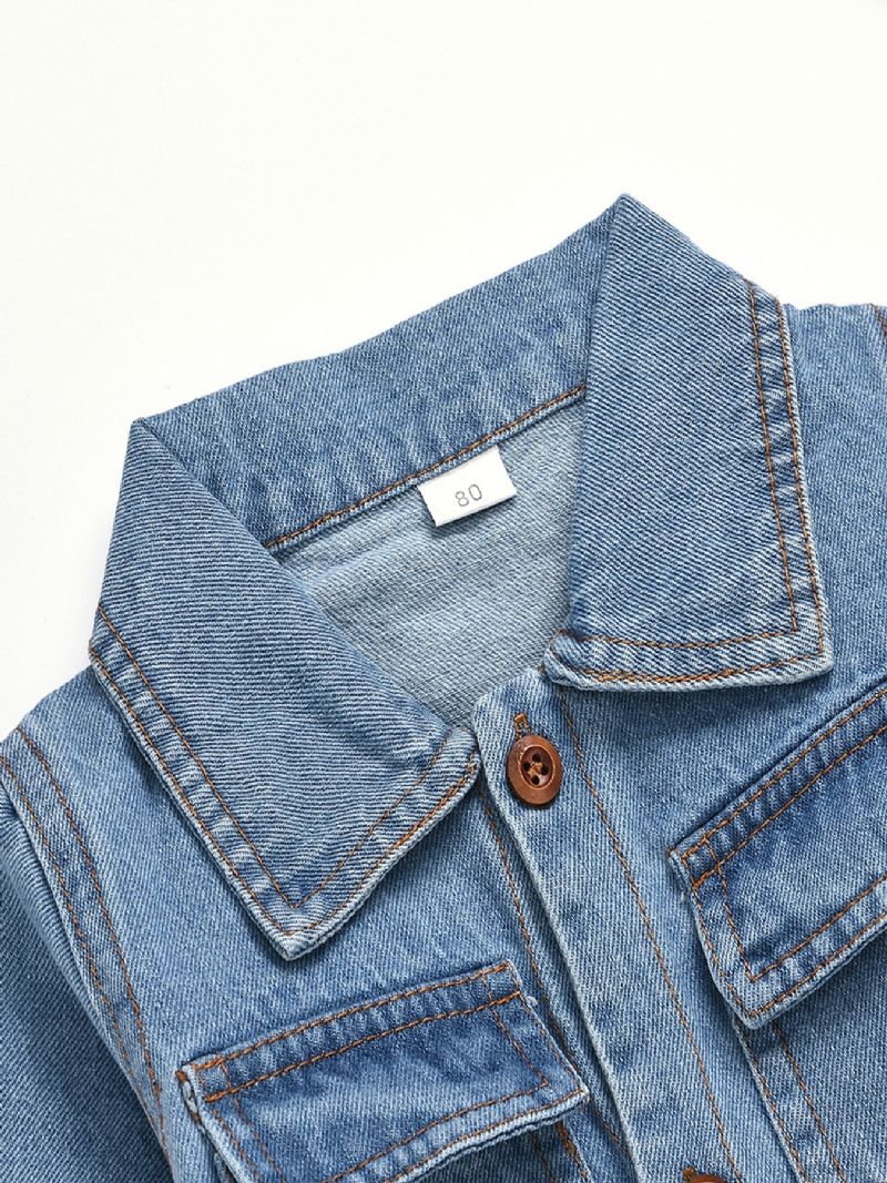 Babypiger Casual Sød Denim Romper Langærmet Lapel Jumpsuit Med Bogstavtryk Til Vinter