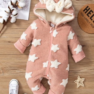 Babypiger Fleece Jumpsuit Med Hætte Med Sløjfestjernedekor Til Vinter Babytøj