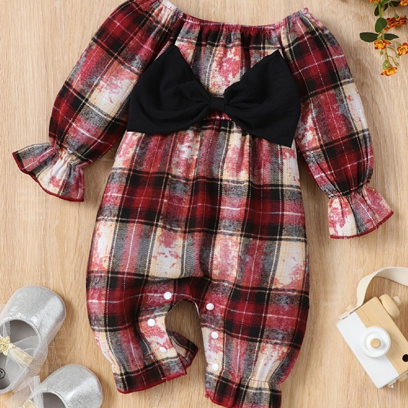 Babypiger Jumpsuit Off Shoulder Plaid Rompers Med Sløjfedekor Jul