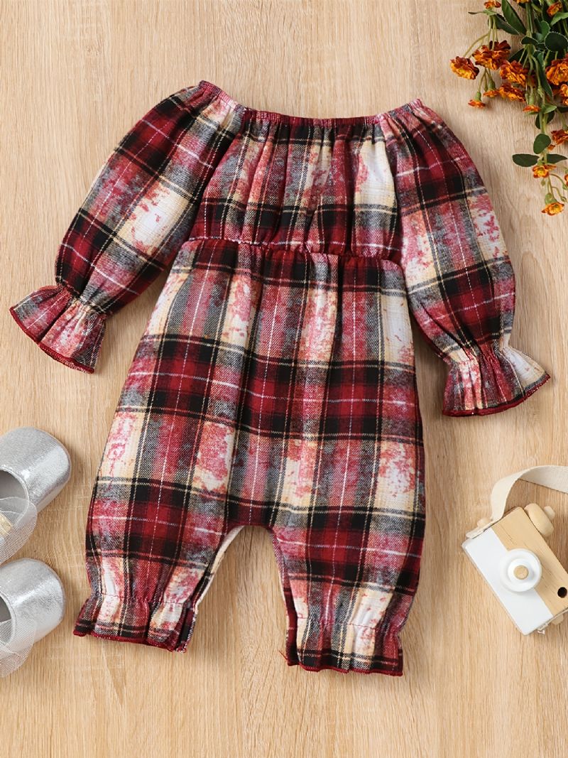 Babypiger Jumpsuit Off Shoulder Plaid Rompers Med Sløjfedekor Jul