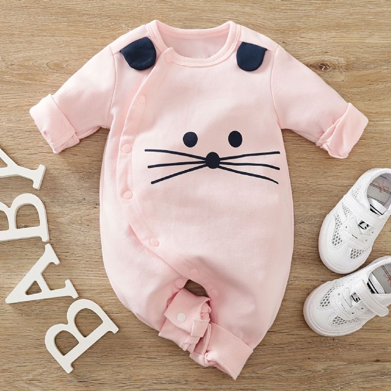 Babypiger Langærmet Jumpsuit Romper I Bomuld Med Sød Killingeprint
