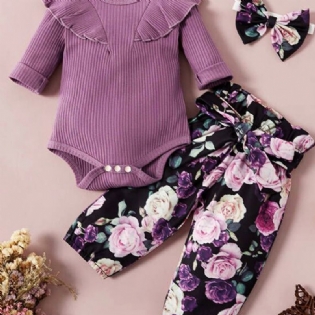 Babypiger Langærmet Romper + Blomstermønster + Pandebånd Sæt Babytøj Outfit Bodysuit Onesie Jumpsuit