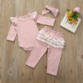 Babypiger Langærmet Romper + Legging + Pandebånd Med Snøreudsmykning Bodysuit Onesie Jumpsuit Babytøj