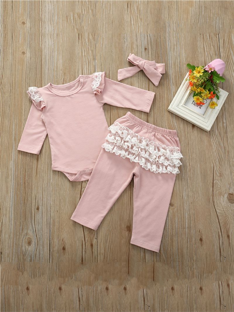 Babypiger Langærmet Romper + Legging + Pandebånd Med Snøreudsmykning Bodysuit Onesie Jumpsuit Babytøj