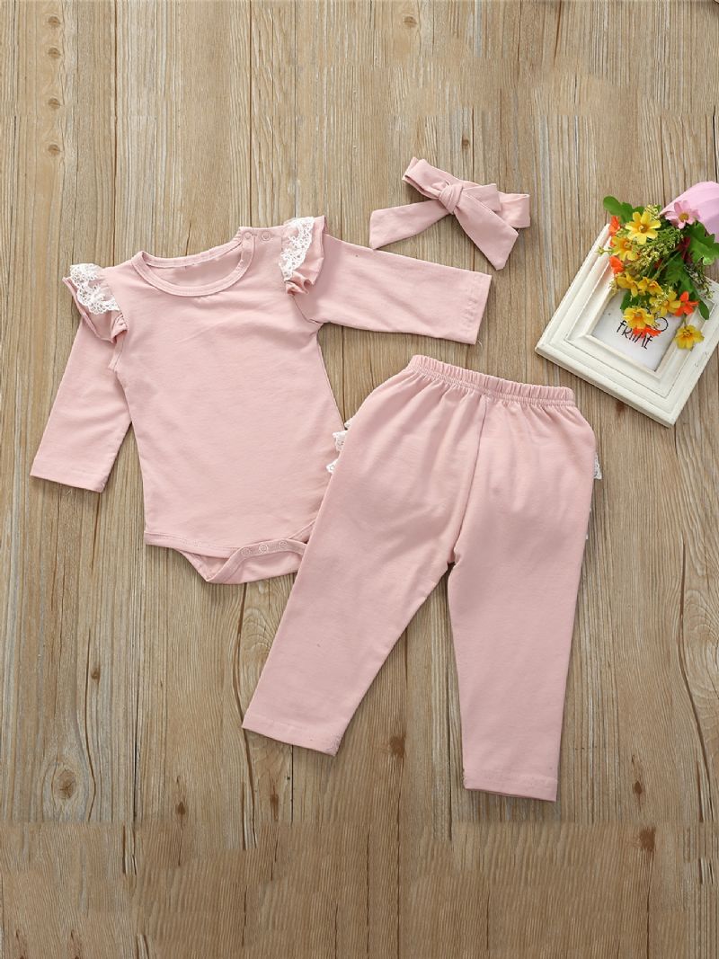 Babypiger Langærmet Romper + Legging + Pandebånd Med Snøreudsmykning Bodysuit Onesie Jumpsuit Babytøj