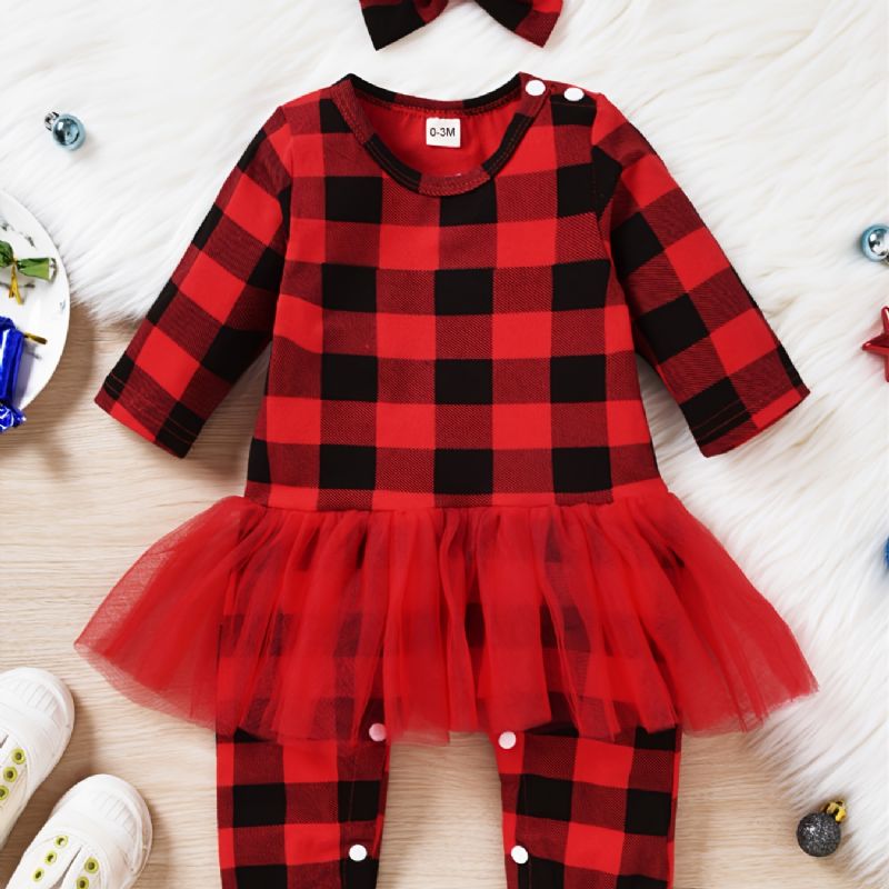 Babypiger Plaid Jumpsuits Med Blondeudsmykning & Sløjfebånd Til Jul