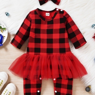 Babypiger Plaid Jumpsuits Med Blondeudsmykning & Sløjfebånd Til Jul