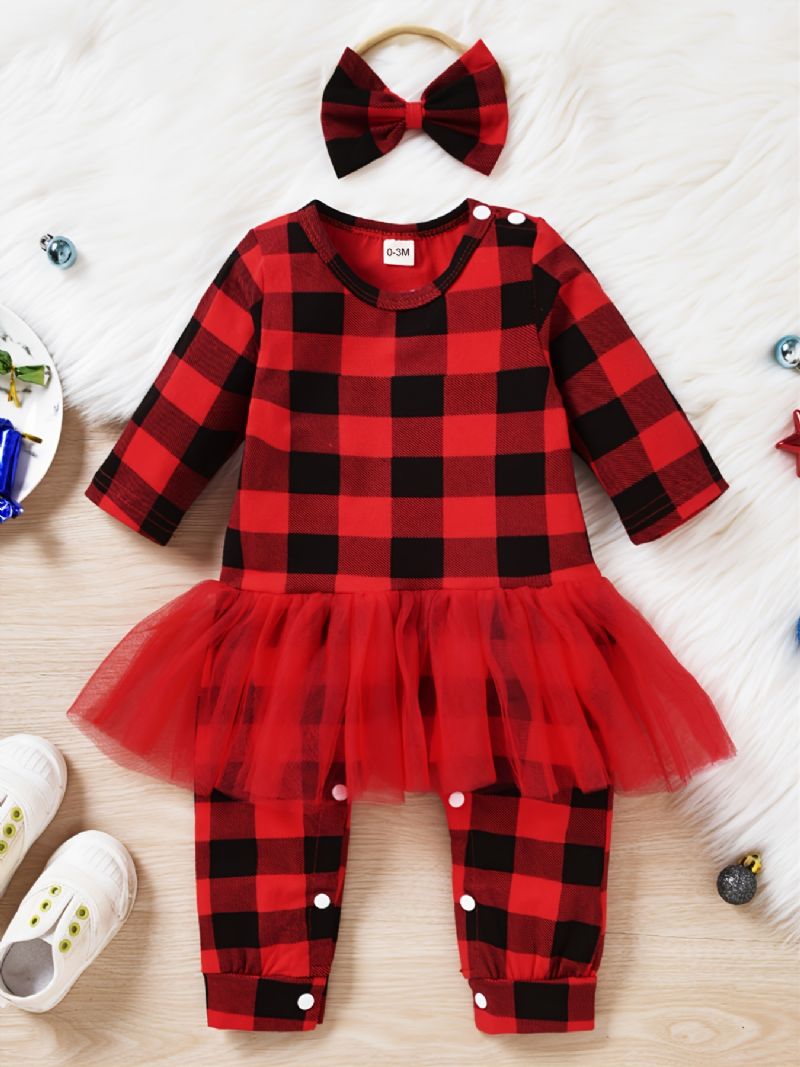 Babypiger Plaid Jumpsuits Med Blondeudsmykning & Sløjfebånd Til Jul