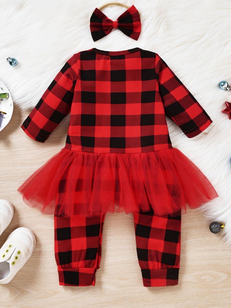 Babypiger Plaid Jumpsuits Med Blondeudsmykning & Sløjfebånd Til Jul