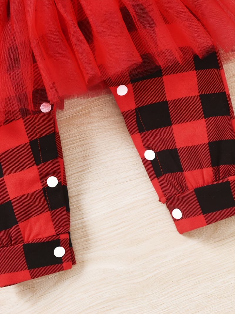 Babypiger Plaid Jumpsuits Med Blondeudsmykning & Sløjfebånd Til Jul