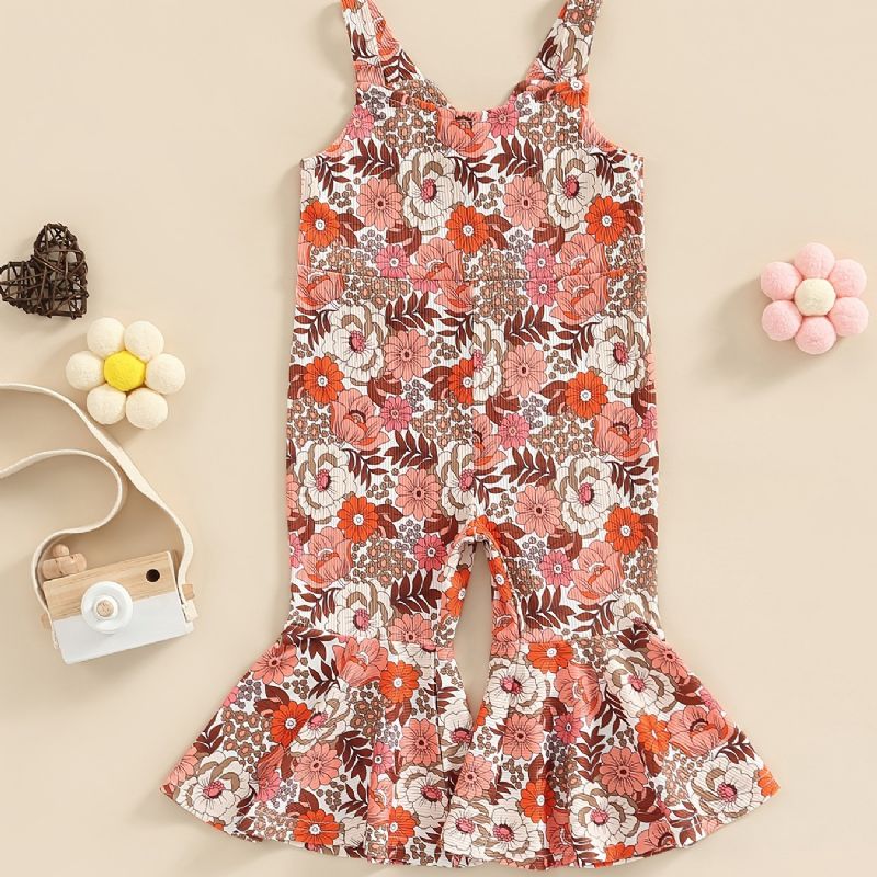 Babypiger Romper Flower Print Overalls Ærmeløs Seler Flare Leg Bukser Jumpsuit Børnetøj