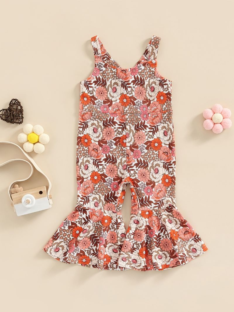 Babypiger Romper Flower Print Overalls Ærmeløs Seler Flare Leg Bukser Jumpsuit Børnetøj