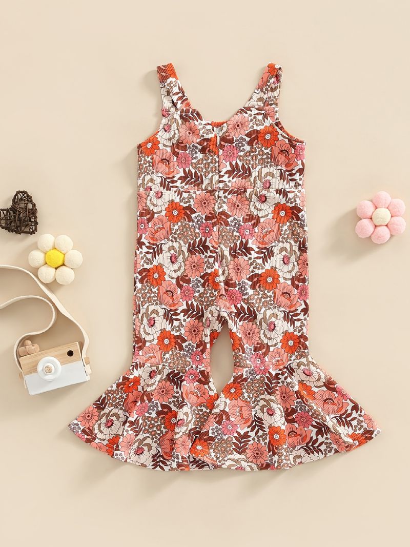 Babypiger Romper Flower Print Overalls Ærmeløs Seler Flare Leg Bukser Jumpsuit Børnetøj