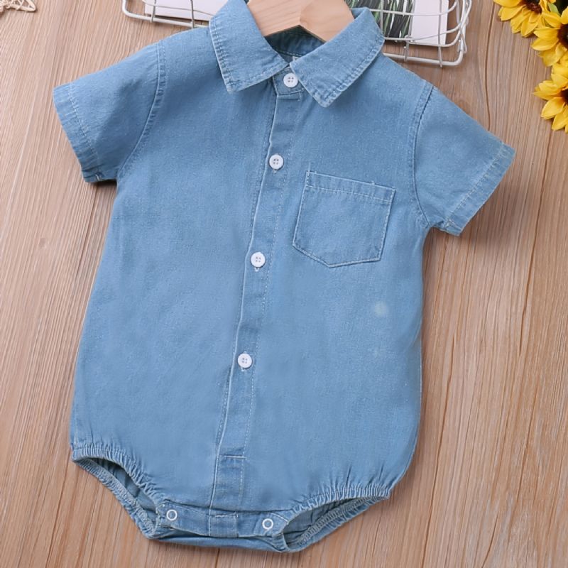 Børne Revers Solid Denim Kortærmet Jumpsuit
