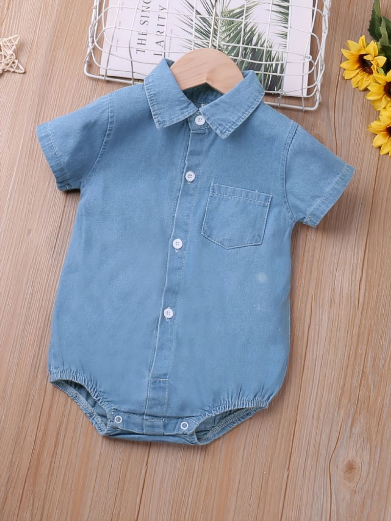 Børne Revers Solid Denim Kortærmet Jumpsuit