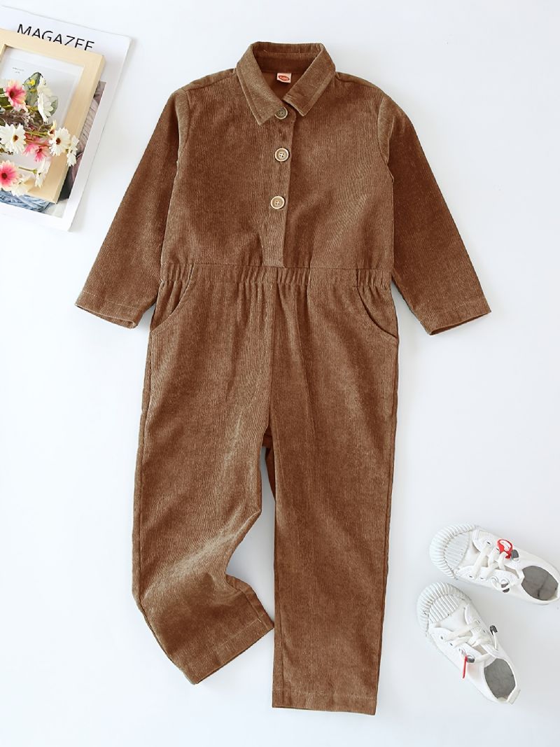 Børnepiger Jumpsuits Corduroy Ensfarvet Langærmet Revers Knapper Overalls Børnetøj