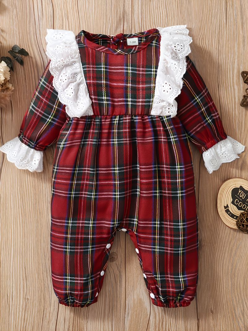 Christmas Baby Piger Sød Flæse Rød Plaid Langærmet Jumpsuit