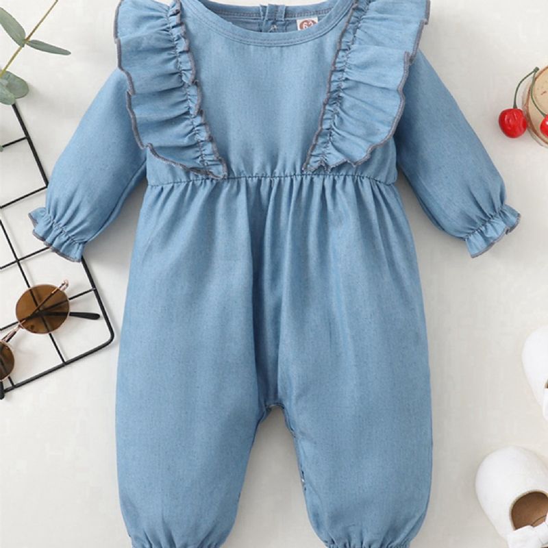Denim Blå Flæse Langærmet Jumpsuit