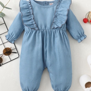 Denim Blå Flæse Langærmet Jumpsuit