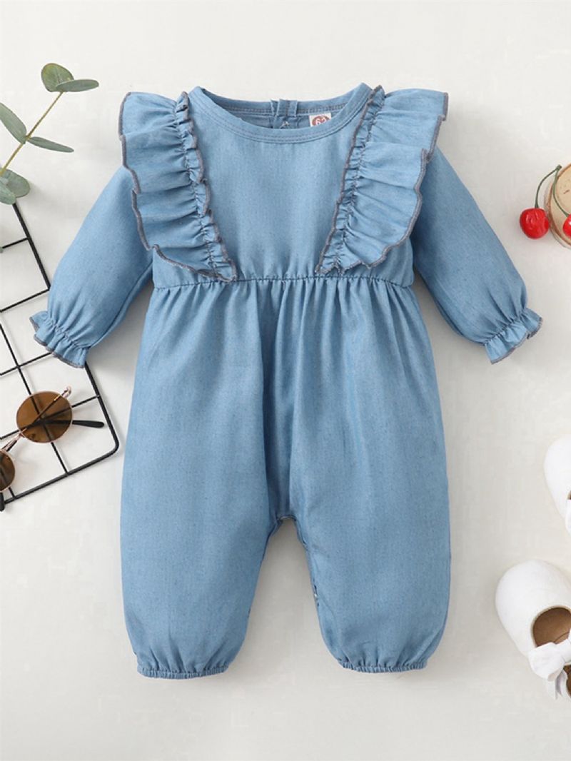 Denim Blå Flæse Langærmet Jumpsuit