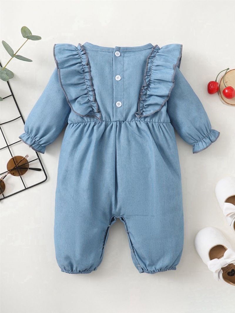 Denim Blå Flæse Langærmet Jumpsuit