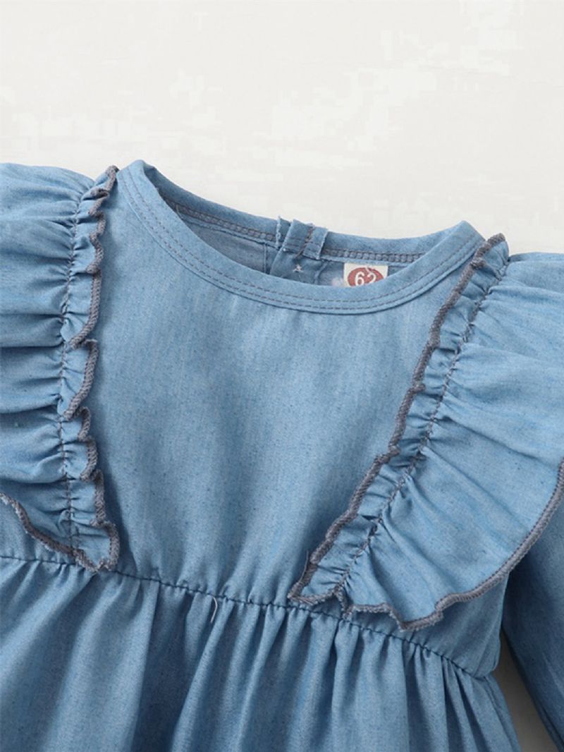 Denim Blå Flæse Langærmet Jumpsuit