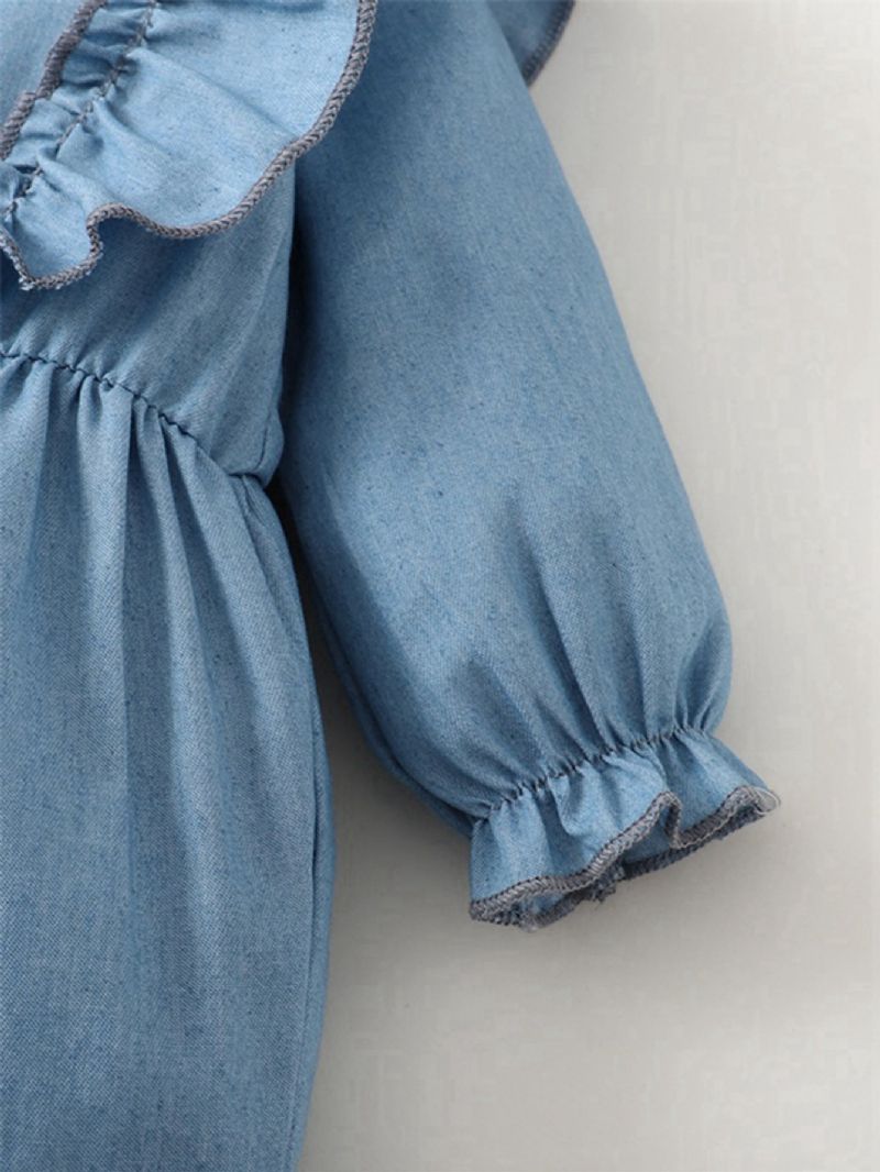 Denim Blå Flæse Langærmet Jumpsuit