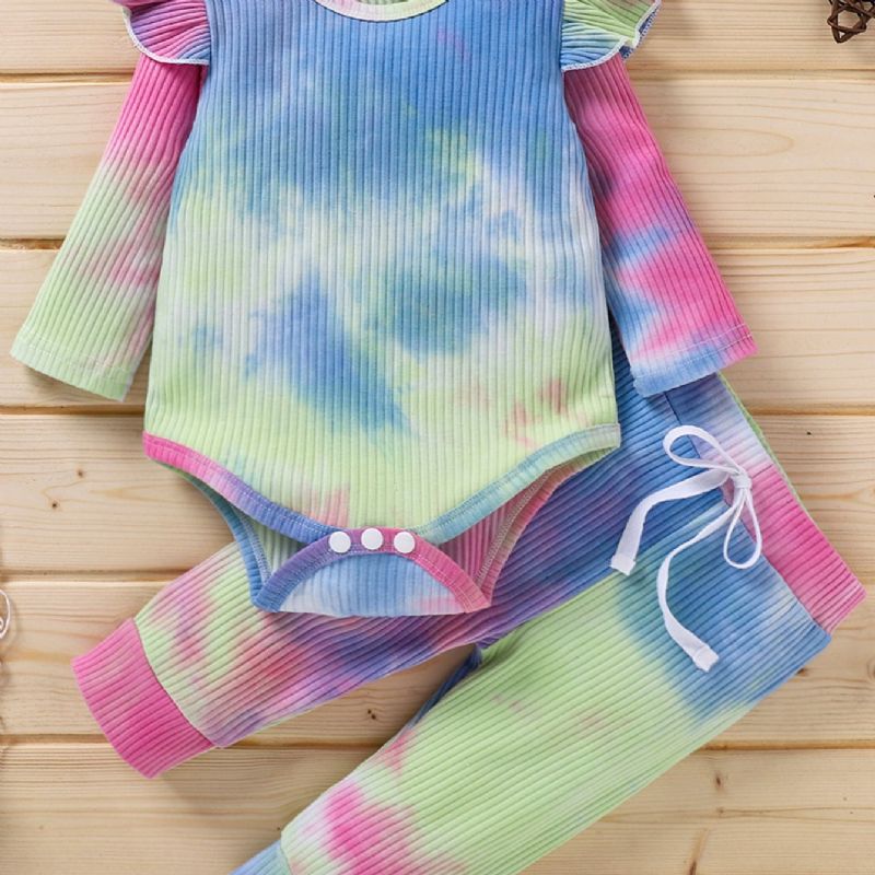 Drenge Og Piger Langærmede Tie Dye Romper Button Jumpsuit Bodysuit One Piece Ribbet Outfit Efterårstøj