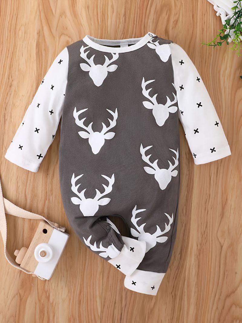 Julebabydragt Sødt Hjortetryk Rundhalset Langærmet Jumpsuit Piger Drenge Børn Tøj