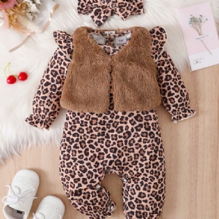 Langærmede Babypiger Jumpsuits Med Leopardprint Med Patchworkvest Og Pandebånd