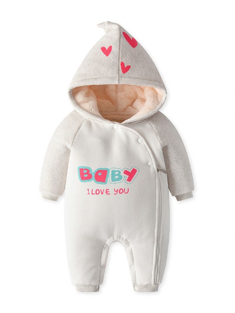 Ny Efterår Vinter Drenge Og Piger Baby Alfabet Print Langærmet Fleece Tyk Jumpsuit