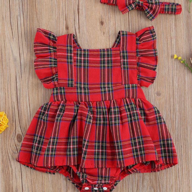 Nyfødt Babypige Plaid Rulledragt Rygløs Flæse Tutu Bodysuit Jule Jumpsuit Top+pandebånd