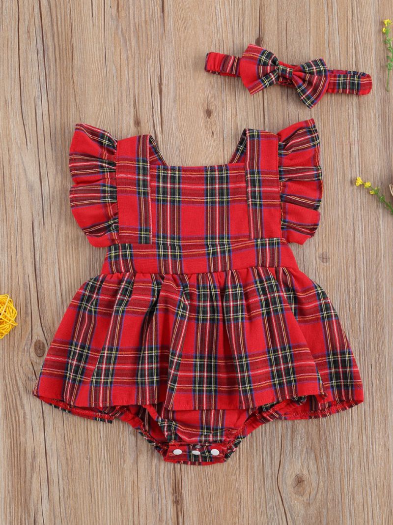 Nyfødt Babypige Plaid Rulledragt Rygløs Flæse Tutu Bodysuit Jule Jumpsuit Top+pandebånd