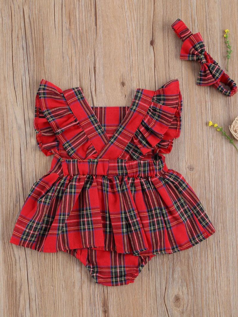 Nyfødt Babypige Plaid Rulledragt Rygløs Flæse Tutu Bodysuit Jule Jumpsuit Top+pandebånd