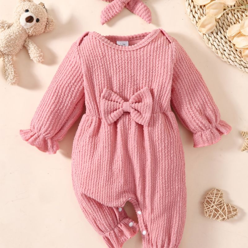 Nyfødt Spædbarn Ensfarvet Rulledragt Langærmet Rundhalset Sløjfe Jumpsuit & Pandebånd Til Babypiger Småbørnstøj