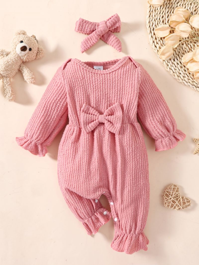 Nyfødt Spædbarn Ensfarvet Rulledragt Langærmet Rundhalset Sløjfe Jumpsuit & Pandebånd Til Babypiger Småbørnstøj