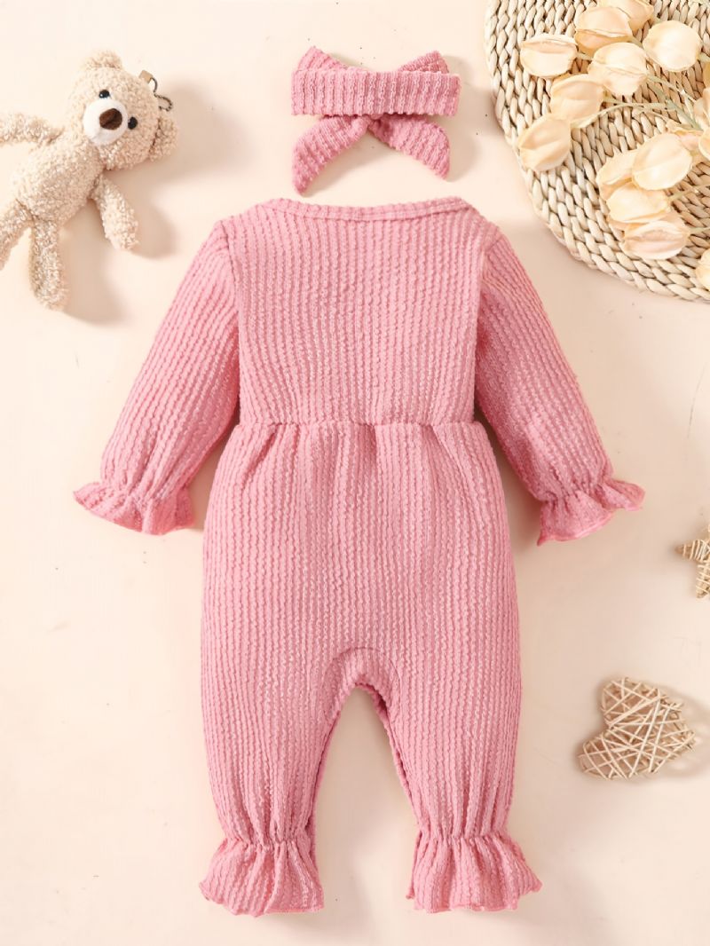 Nyfødt Spædbarn Ensfarvet Rulledragt Langærmet Rundhalset Sløjfe Jumpsuit & Pandebånd Til Babypiger Småbørnstøj