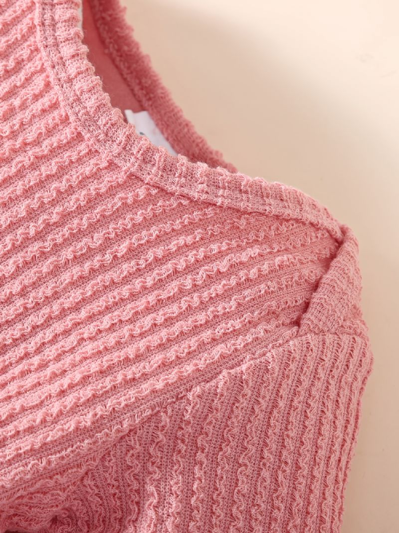 Nyfødt Spædbarn Ensfarvet Rulledragt Langærmet Rundhalset Sløjfe Jumpsuit & Pandebånd Til Babypiger Småbørnstøj
