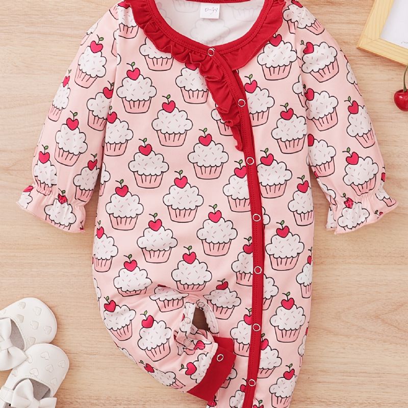 Nyfødt Spædbarn Flæsebukser Langærmet Kageprint Jumpsuit Til Babypiger Småbørnstøj