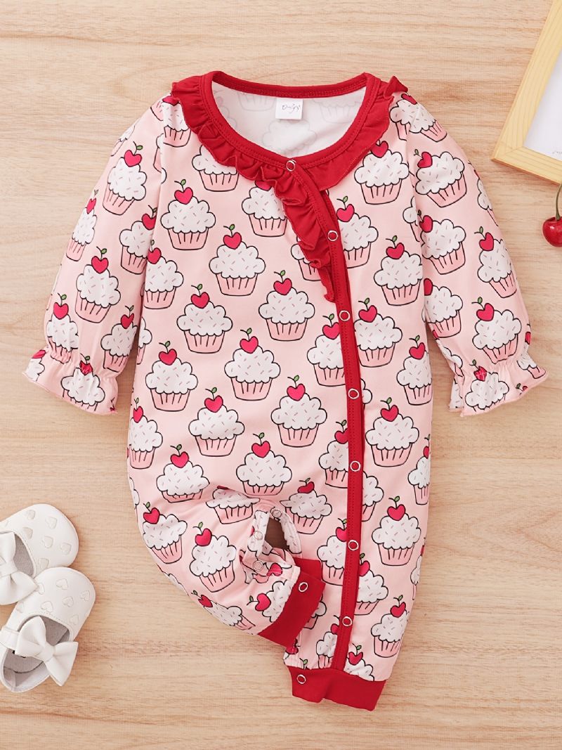 Nyfødt Spædbarn Flæsebukser Langærmet Kageprint Jumpsuit Til Babypiger Småbørnstøj
