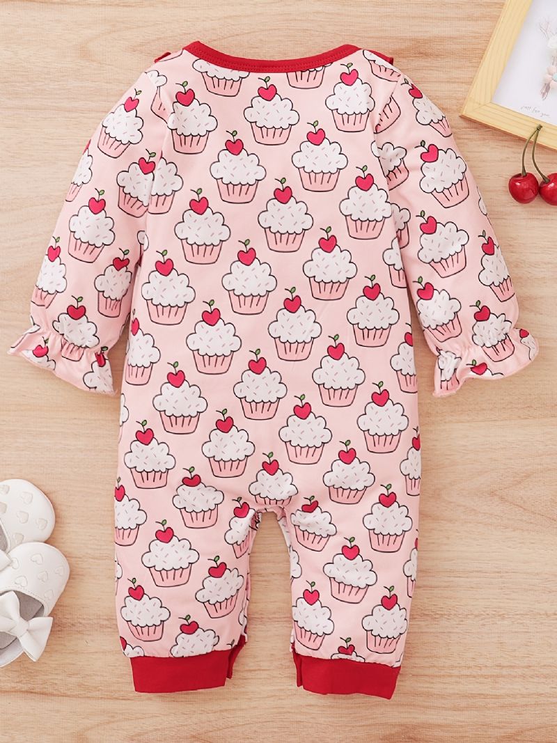 Nyfødt Spædbarn Flæsebukser Langærmet Kageprint Jumpsuit Til Babypiger Småbørnstøj