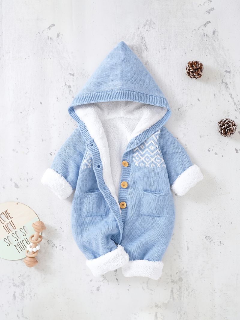 Nyfødt Spædbarn Hættetrøje Langærmet Knap Plys Varm Jumpsuit Til Baby Drenge Piger Småbørn Tøj
